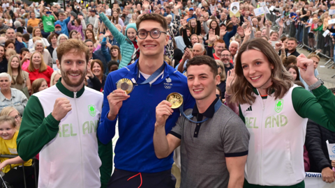 Gold medallists Rhys McClenaghan (second right) and Jack McMillan (second left) joined fellow Olympic competitors Rachel McCann and Michael Robson in Newtownards