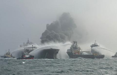 Fire and rescue services attend after a collision between oil tanker MV Stena Immaculate and the cargo vessel MV Solong off the coast of the Humber Estuary.