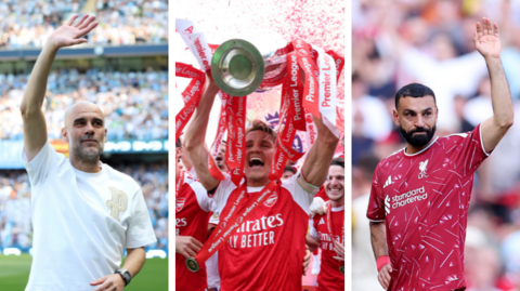 A collage brings together three defining moments and figures from the Premier League season. On the left, Pep Guardiola is pictured waving to supporters inside a packed stadium, a gesture that feels like a farewell after his decade of dominance at Manchester City. At the centre, an Arsenal player lifts the Premier League trophy high above his head, surrounded by jubilant teammates and a shower of red confetti — a snapshot of the club’s long‑awaited title triumph. On the right, Mohamed Salah raises a hand in acknowledgement, wearing Liverpool’s red kit, set against a blurred backdrop of fans