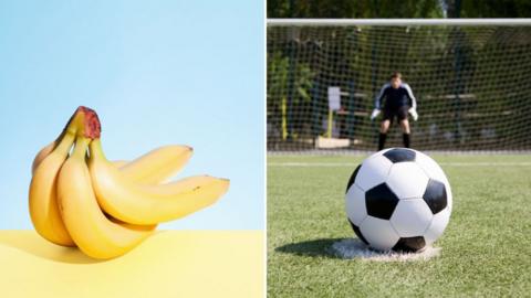 A bunch of bananas next to a person in goal with a football