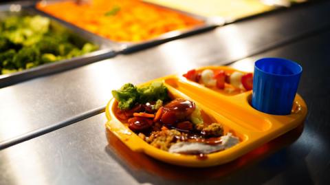 An orange plate is sat on a silver ledge on the right. It has three compartments, two with food in it and one with a blue cup. There is food lined up at the top left of the image. 