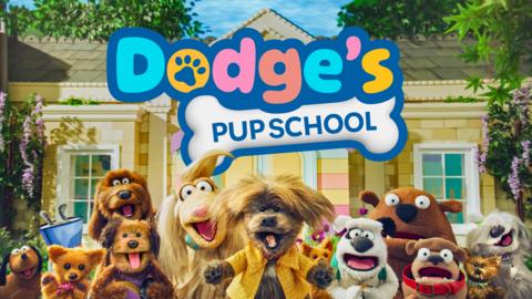 Dodge's Pup School logo with the whole class of pups in front of the school, with Dodge in the front centre.