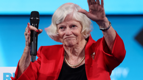 Reform UK party member Ann Widdecombe gestures on stage at the Britain's Reform UK party's national conference in Birmingham, Britain, September 20, 2024