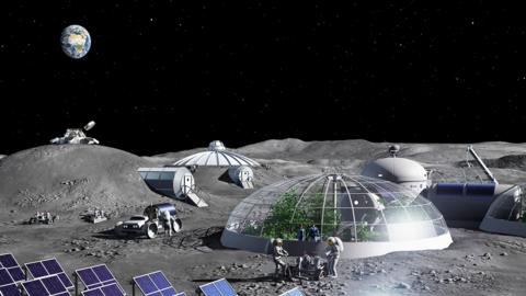 Lunar base with astronauts growing food in glasshouses. The Earth hangs above in the blackness of space.