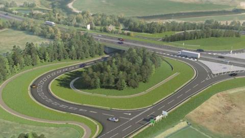 A visualisation showing a large roundabout. Cars and a lorry are shown on the road.