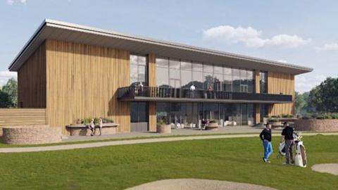 Artist's impression of a new two-storey clubhouse looking out on to a golf course with players milling around