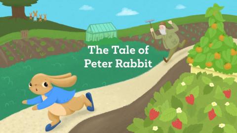 Illustration showing a rabbit (dressed in blue coat and shoes) being chased by an angry-loooking man (dressed in a green suit) through a garden that contains fruit bushes. Text reads, 'The Tale of Peter Rabbit'.
