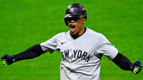 Juan Soto celebrates his decisive play which secured victory for the New York Yankees against the Cleveland Guardians