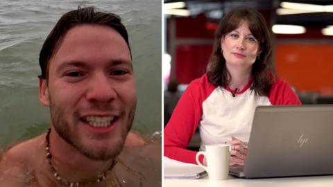 A side by side image of a man in the sea and a woman in a red and white long sleeved T-shirt sat in front of a laptop and a mug