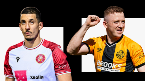 A split image of Gassan Ahadme wearing a white and red Stevenage kit and Shayne Lavery in a black and amber striped Cambridge United shirt with his right arm raised in celebration