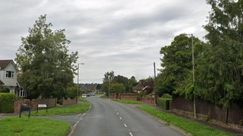 A road witha slight bend, flanked by grass verges, trees and domestic fences. There are cars in the distance.