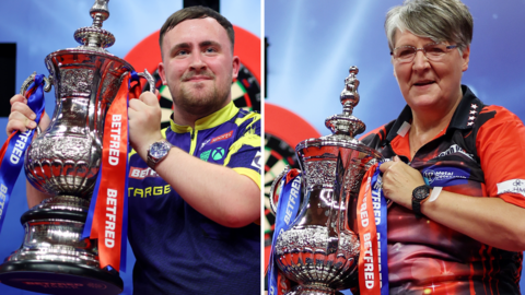 Luke Littler and Lisa Ashton hold their trophies