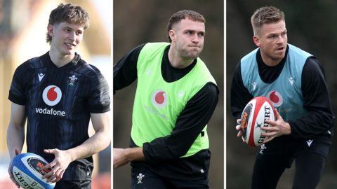 Ellis Mee, Max Llewellyn and Gareth Anscombe all pictured during Wales training sessions for the 2025 Six Nations