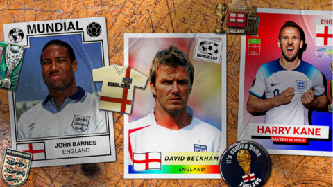 A graphic showing John Barnes, David Beckham and Harry Kane as if they were Panini football stickers