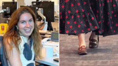 Composite of a woman in a white blouse smiling while sat at a desk, and a woman wearing a red-and-black dress walking over some carpet