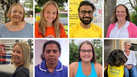 A collage of eight winners of 鶹Լ Radio Cambridgeshire's Make a Difference Awards. They are all different ages and genders - and the dog is wearing a yellow neckerchief. 