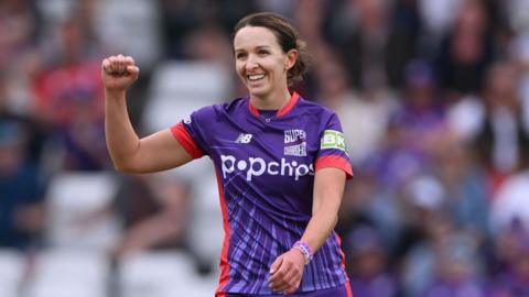 Superchargers bowler Kate Cross celebrates during The Hundred