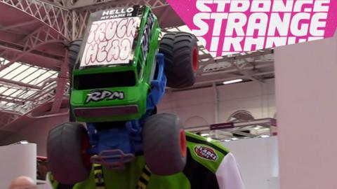 A person in a costume which says "truck head"