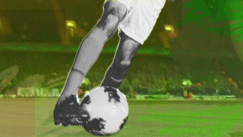 A graphic of a pair of legs playing with a football, over a green filter of a football pitch.