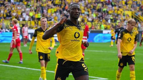Serhou Guirassy celebrating for Borussia Dortmund after scoring against Union Berlin