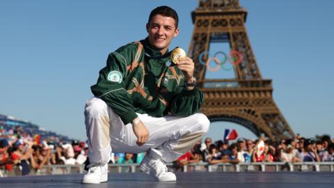Rhys McClenaghan with his Olympic medal in Paris 