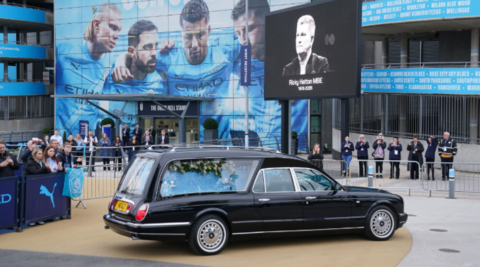 Ricky Hatton hearse arriving at the Etihad stadium