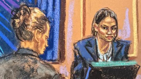 Court sketch of Cassie Ventura in court being questioned by a lawyer