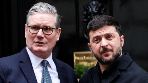 Prime Minister Keir Starmer and Ukrainian President Volodymyr Zelensky outside of 10 Downing Street