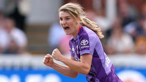 Northern Superchargers bowler Annabel Sutherlands celebrates taking a wicket