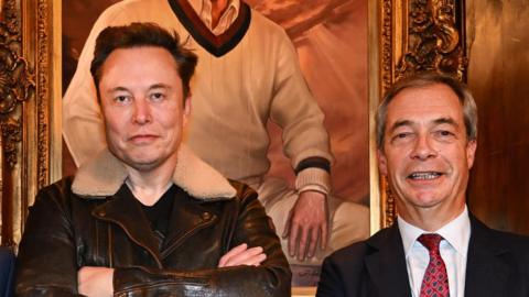 Nigel Farage smiles next to Elon Musk at their meeting at Mar-A-Lago last month