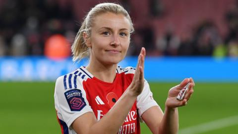 Arsenal's Leah Williamson applauds the fans