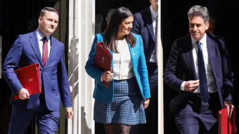 A composite image of Wes Streeting, Lisa Nandy and Ed Miliband leaving Downing Street on 12 May 2026