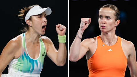 A split image of Belinda Bencic and Elina Svitolina celebrating during the Australian Open 