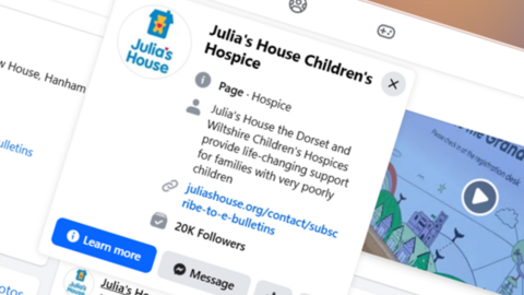 A screengrab of Julia's House Children's Hospice Facebook page with a social media video and a paragraph about what the charity does and who it serves.