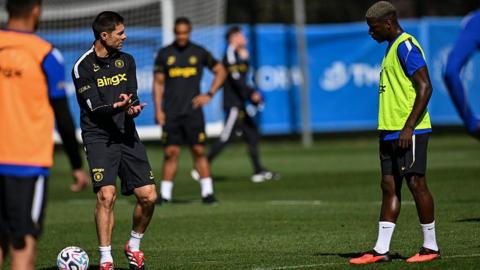 Xabi Alonso and Moises Caicedo of Chelsea during a training session