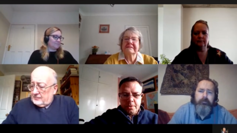 Six members of a council committee meeting all in separate boxes within the screen. There are three women at the top and three men at the bottom.