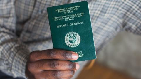 A hand holding a Ghanaian passport