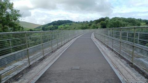 Image shows a viaduct converted for use as a cycling route with metal barriers on either side. It is surrounded by hills and trees in the Devon countryside