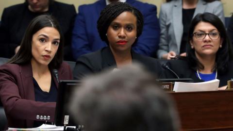 Three members of "the squad": (L-R) Rep. Alexandria Ocasio-Cortez (D-NY), Rep. Ayanna Pressley (D-MA) and Rep. Rashida Tlaib (D-MI)