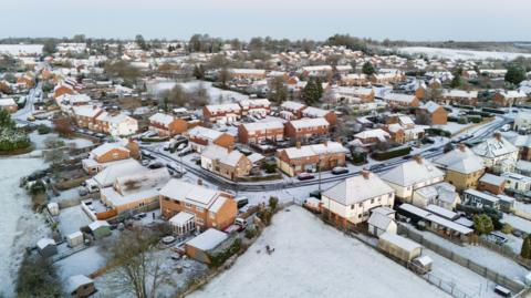 Snow-covered fields in Warwickshire.