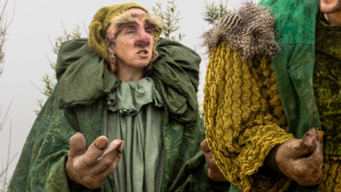 A costumed performer dressed as a troll-like character stands on an outdoor stage. The character wears layered dark green robes with oversized padded shoulders, large sculpted hands, and theatrical facial prosthetics. A second costumed performer is partially visible at the right edge, showing only a green textured shoulder and sleeve. The background includes low greenery and a pale, overcast sky.