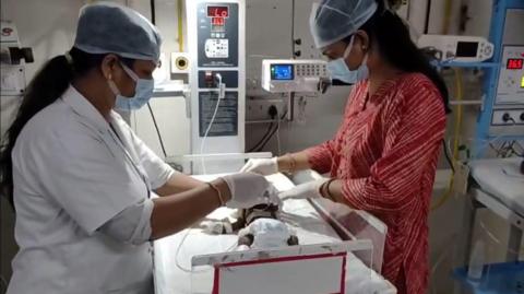 The photo shows a female doctor and a nurse in the hospital tending to the baby who was found buried in mud in India's Uttar Pradesh state
