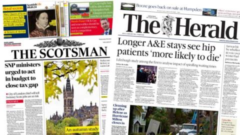 Combination of the front page of the Scotsman newspaper and the Herald newspaper.