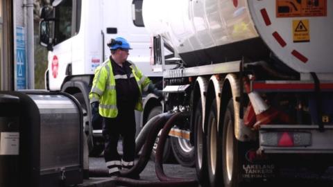 A fuel tanker is seen at a petrol and diesel filling station, Begelly, Pembrokeshire