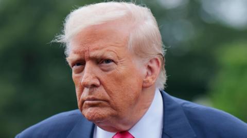 Head shot of President Donald Trump. He  has blonde, greying hair combed in a side shed. The President, who is wearing a navy suit jacket, white shirt and pink tie has a serious expression on his face and is looking off the right of the camera. The background is blurred but green in colour. 