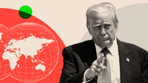 A treated image showing Donald Trump pointing and some globes showing different parts of the world
