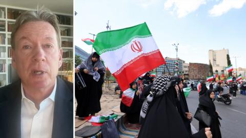 Split screen showing BBC correspondent Frank Gardner on the left and women in Tehran holding flags on the right