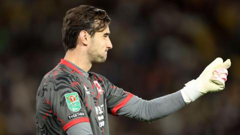 Middlesbrough goalkeeper Sol Brynn signalling to a team-mate during their EFL Cup tie at Leeds United 