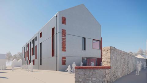 An artist's impression of how a new mountain bike centre might look with a large white panelled building surrounding by figures representing humans