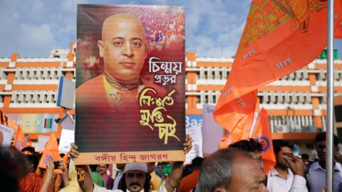 Hindu Jagran Manch activists attend a protest rally demanding the release of Hindu priest Chinmoy Krishna Das Prabhu, who is arrested in Bangladesh, near the Bangladesh Deputy High Commission in Kolkata, India, 28 November 2024.